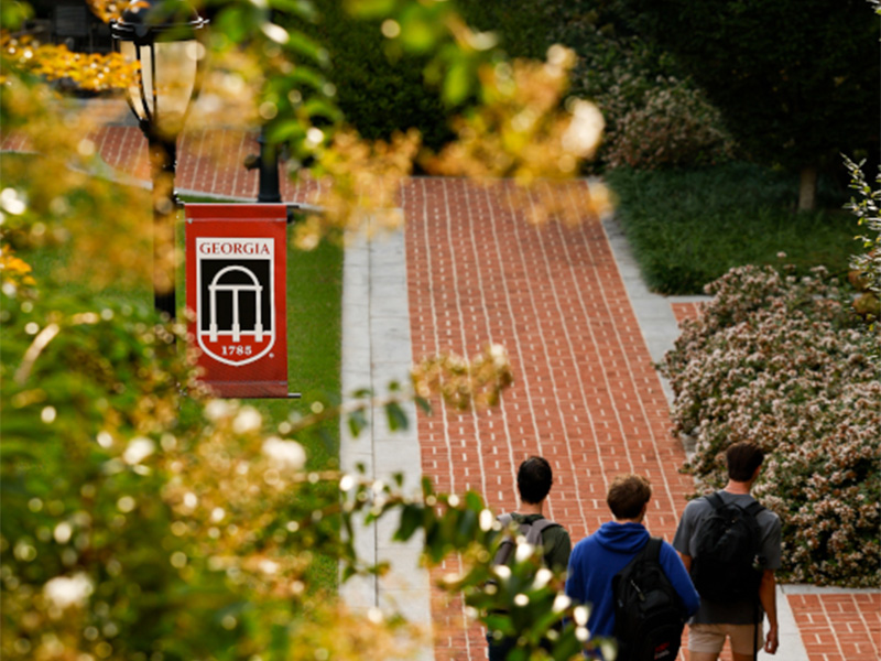 Students 600 Three students walk along a red‑brick campus pathway bordered by neatly trimmed shrubs and leafy trees. A red banner featuring the University of Georgia arch logo hangs from a black lamppost on the left side of the walkway. Soft golden light filters through the surrounding foliage, creating a warm, welcoming campus scene.