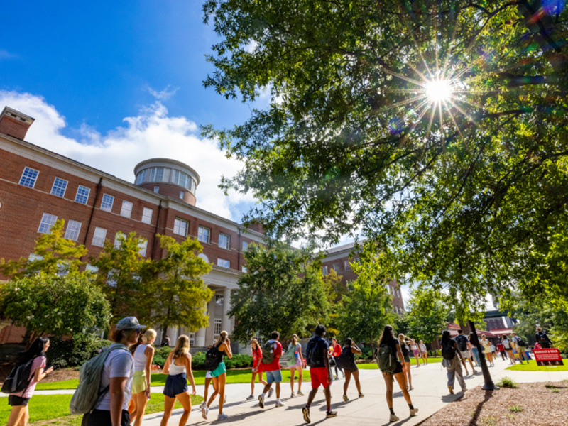 Students walk along a sunny campus pathway lined with trees and green lawns. A large red‑brick academic building with tall windows and a round tower rises on the left side of the scene. Sunlight filters through the branches of a large tree in the foreground, creating a starburst effect. The atmosphere is bright and active, with many students carrying backpacks and moving between classes.